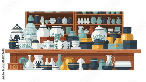 Vintage pottery collection in rustic kitchen shelf display