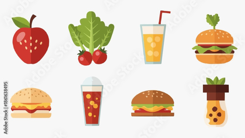 Collection of delicious food and drink icons for healthy eating.