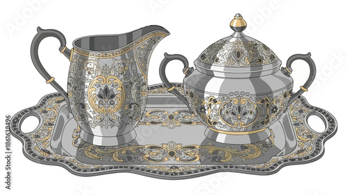 Elegant antique tea set with ornate floral patterns in classic style