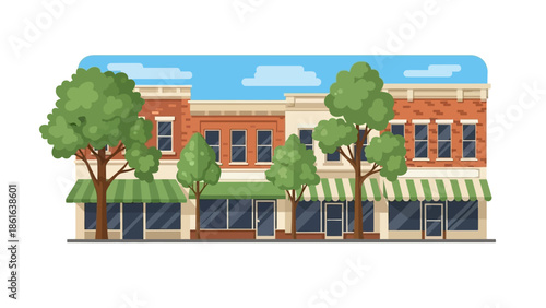 Charming small town street with brick buildings and green trees in flat design