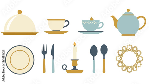 Vintage tableware set: charming crockery and cutlery illustration in flat style
