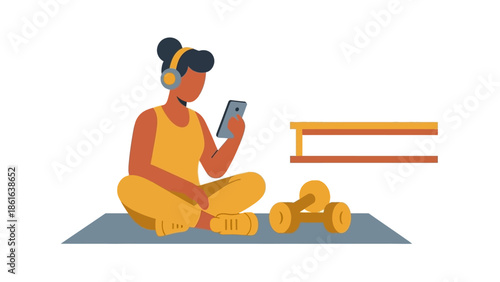 Woman exercising at home with dumbbells and phone in flat cartoon style