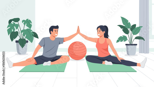 Couple practicing yoga with exercise ball in minimalist home setting