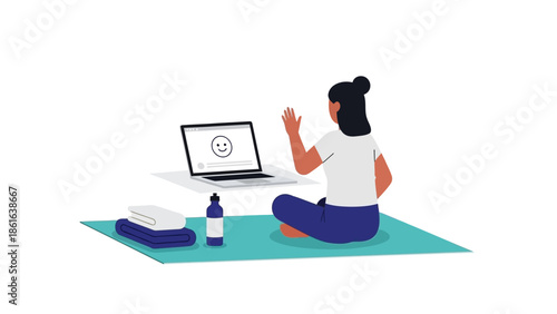 Virtual yoga class: online wellness practice in minimalist style for home exercise