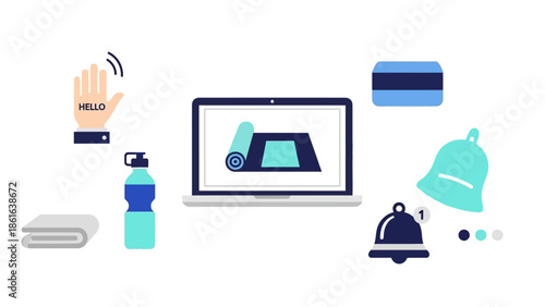 Flat design home office with yoga mat and fitness accessories