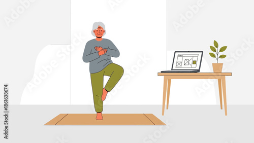 Elderly person practicing yoga at home with laptop open on minimalist desk