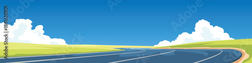 Empty asphalt highway road with curve. Blue sky and green meadow landscape background. Transportation and travel concept vector illustration with copy space.