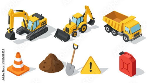 Construction vehicles and tools in isometric style for building and engineering projects