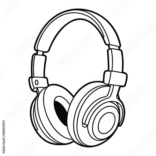Over ear studio headphones outline vector illustration musical equipment sketch