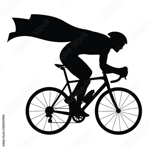 Superhero cyclist silhouette riding road bike with flowing cape vector illustration
