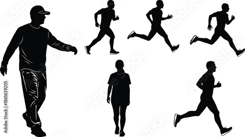 Walking and running silhouettes, casual and athletic poses, black figures, white background, human locomotion, stride stages, vector illustration, motion study, sports concept