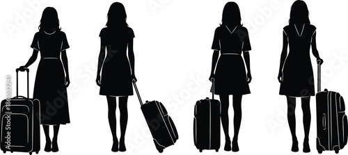 Women travelers silhouette vector, four female figures with rolling suitcases, airport travel concept, minimal black and white art, luggage on wheels, travel fashion poses