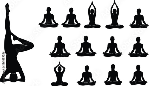 Yoga pose silhouette, meditation vector illustration, headstand and seated posture, mindfulness practice, black figure art, wellness concept, spiritual balance design