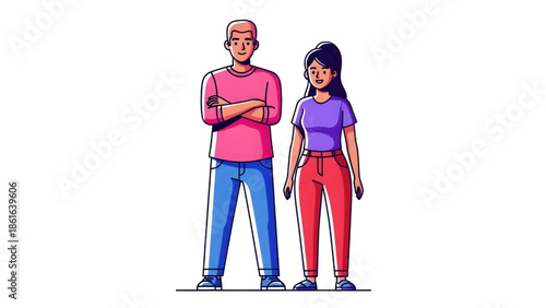 Young Modern Couple Standing Together in Confident Pose, Man with Folded Arms and Woman Smiling, Flat Vector Illustration of Partnership and Relationships