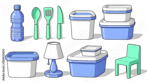 Sustainable Plastic Products Set with Reusable Food Containers Water Bottle and Household Items Illustration