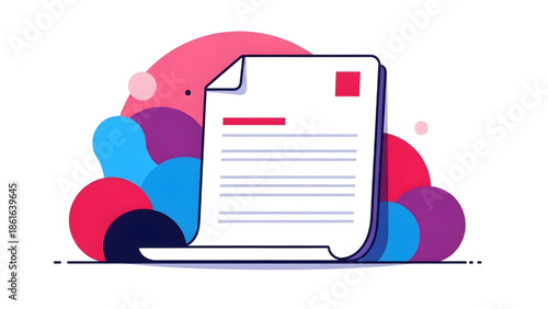 Paper Document and Letter Icon with Abstract Colorful Shapes, Professional Business Contract or Application Form Flat Vector Illustration