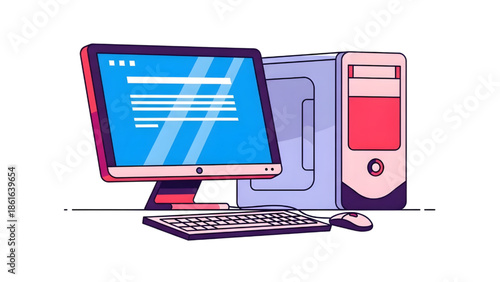 Desktop Computer Workstation with Monitor Keyboard Mouse and CPU Tower Vector Illustration