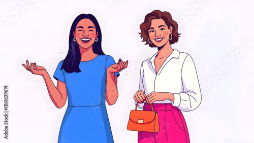 Two Happy Women Fashionable Friends Laughing Together Vector Illustration