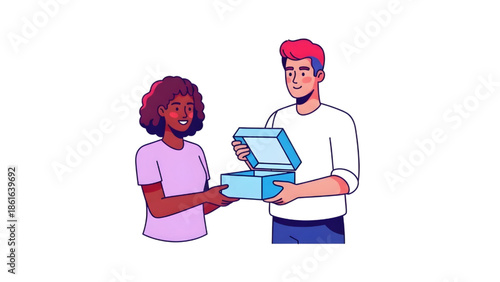 Happy Young Couple Opening Blue Gift Box Surprise Vector Illustration