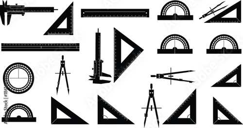 Technical drawing and measuring tools vector illustration, caliper ruler compass protractor triangle set, engineering drafting instruments, isolated black and white design
