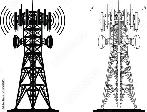 Telecommunication tower vector illustration set, cellular antenna and radio mast icon with signal waves isolated on white background, 5G network infrastructure technology graphic.