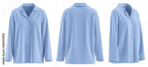 Foto Shirt Notched Collar Button-Front Pajama-Style Sleepwear for Women, skyblue