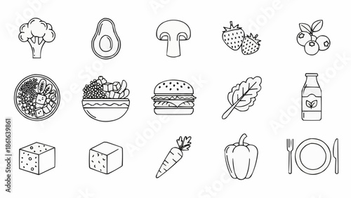Collection of Hand Drawn Food Icons Representing Healthy Eating.