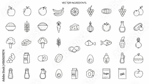 Collection of Hand Drawn Food Ingredients and Vector Icons.