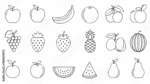 Collection of hand drawn fruit icons in a simple line art style.