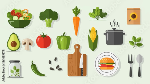 Collection of fresh vegetables and food items illustration.