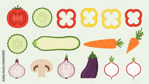 Collection of fresh vegetables and ingredients for cooking.