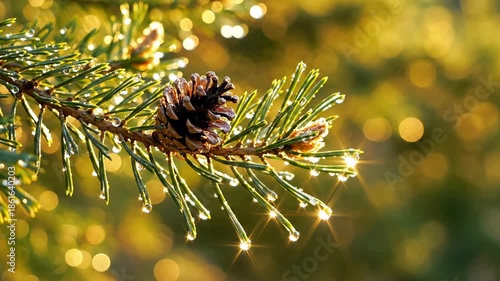 Close-up of pine needles with a small pinecone, dew droplets, and warm golden bokeh lights. at dusk