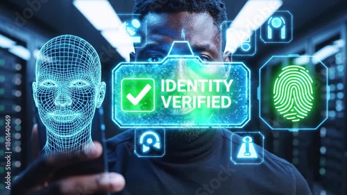 Futuristic man uses a smartphone amid holographic biometric icons in a blue-lit server room framed!!