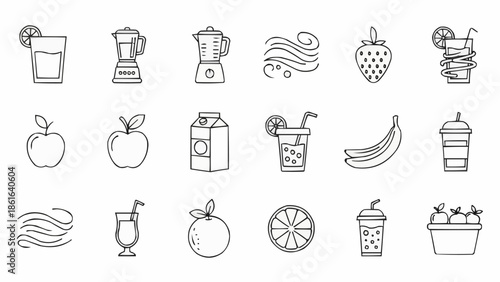 Collection of healthy food and drink icons in line art style.
