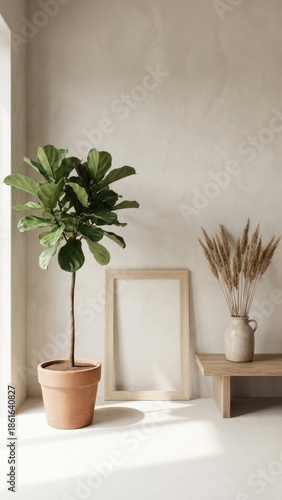 minimalist interior design composition featuring a potted plant empty picture frame and a vase with reeds