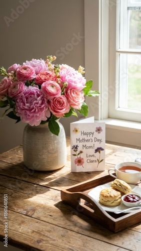 mothers day celebration with pink flowers and a card placed on a clean wooden table