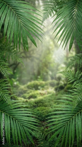 lush tropical green leaves framing a soft blurred center tranquil and mysterious mood in nature