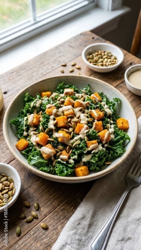 fresh kale salad topped with roasted squash and pumpkin seeds drizzled with tahini dressing on table
