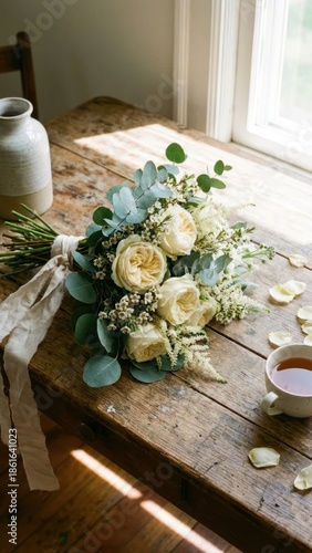 elegant hand tied bouquet of cream roses eucalyptus white filler flowers on a wooden table