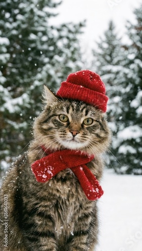 cute cat wearing red knit hat and scarf with winter snow background realistic high definition portrait