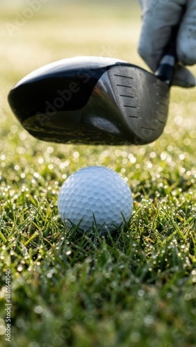 closeup of a golf ball resting on dewy grass with a driver poised to strike hour