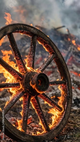 close up of a charred wooden wagon wheel with glowing spokes and intense orange flames