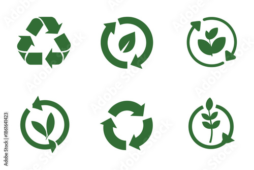 Collection of six green recycling symbols and eco-friendly icons.