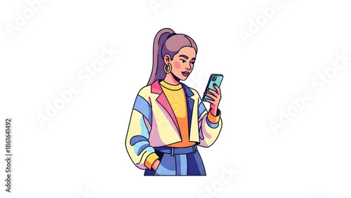 Trendy Young Woman with Ponytail Using Smartphone, Stylish Female Character in Colorful Jacket for Social Media and Technology Concepts