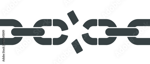 A broken chain link symbolizes disconnection and weakness on a white background.