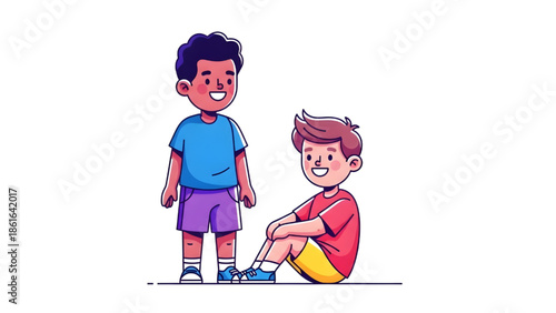 Two Young Boys Playing Together One Standing and One Sitting Vector Illustration on White Background