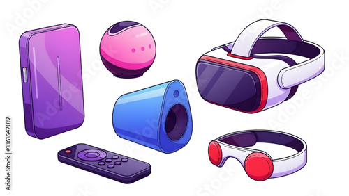 Modern Technology Gadget Collection with VR Headset Smart Speaker Remote and Wearable Devices