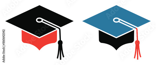 Two graduation caps, one red and one blue, displayed side by side on a white background.