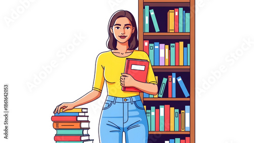 Beautiful Young Librarian Woman Holding Book and Standing by Bookshelf Vector Illustration on White Background