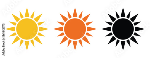 Three stylized sun icons in yellow, orange, and black are displayed.